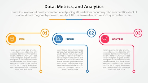 Data metrics and analytics infographic concept for slide presentation with creative outline table circle with 3 point list with flat style