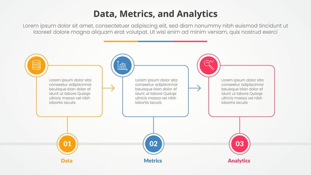 Data metrics and analytics infographic concept for slide presentation with outline box timeline with circle badge with 3 point list with flat style