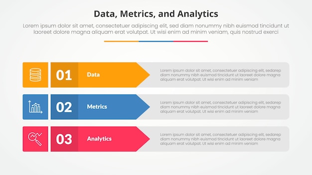 Data metrics and analytics infographic concept for slide presentation with rectangle arrow stack with 3 point list with flat style