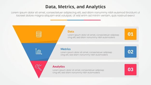 Data metrics and analytics infographic concept for slide presentation with reverse pyramid and rectangle box container description with 3 point list with flat style