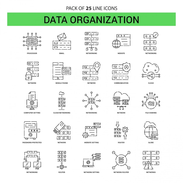 Data Organization Line Icon Set - 25 Dashed Outline Style