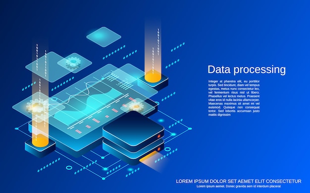 Data processing flat 3d isometric vector concept illustration