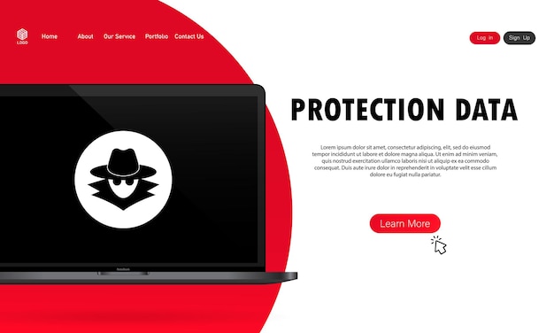 Data protection banner. Safe work on laptop. System security. Privacy protect. Vector on isolated white background. EPS 10.