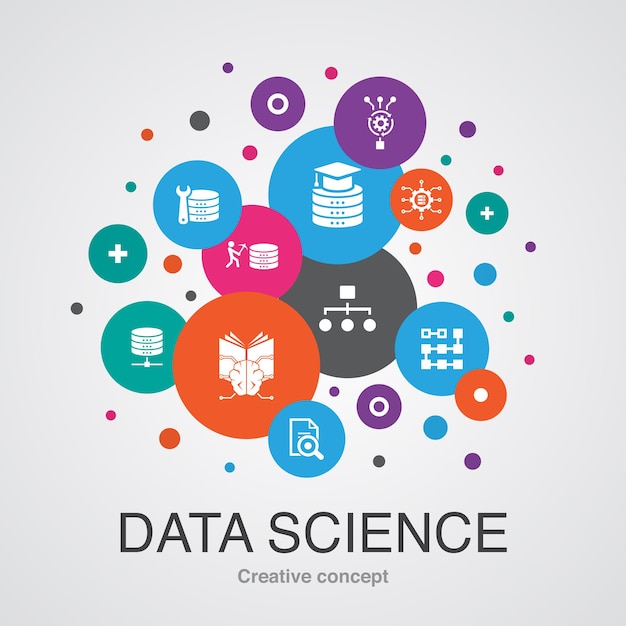 Data science trendy UI bubble design concept with simple icons. Contains such elements as machine learning, Big Data, Database, Classification and more