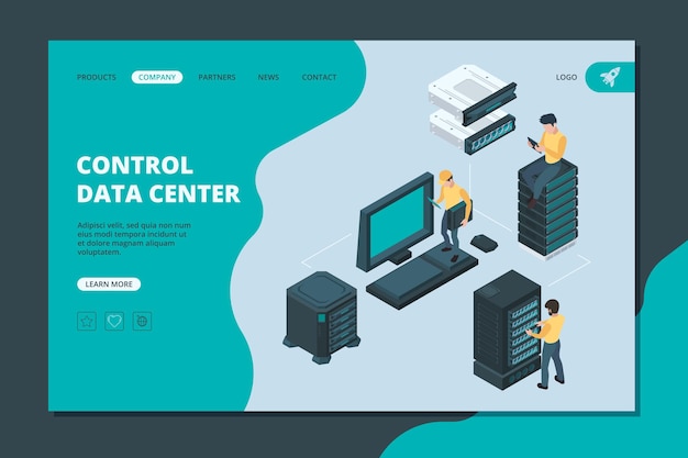 Data server landing. Software and hardware items for global storages ethernet computer services vector isometric server. Illustration hardware computing server, web storage