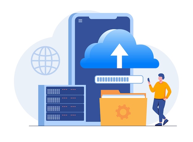 data server web concept storage technology database template of people scene vector illustration with character activities in flat design for website folder