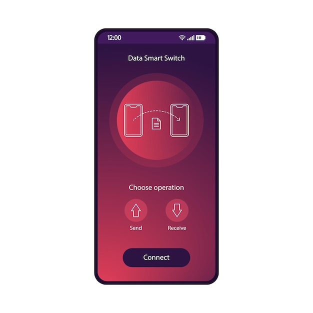 Data smart switch app mobile interface vector template Smartphone page purple design layout Switching phones synchronization application screen Files transfer flat gradient UI Features display
