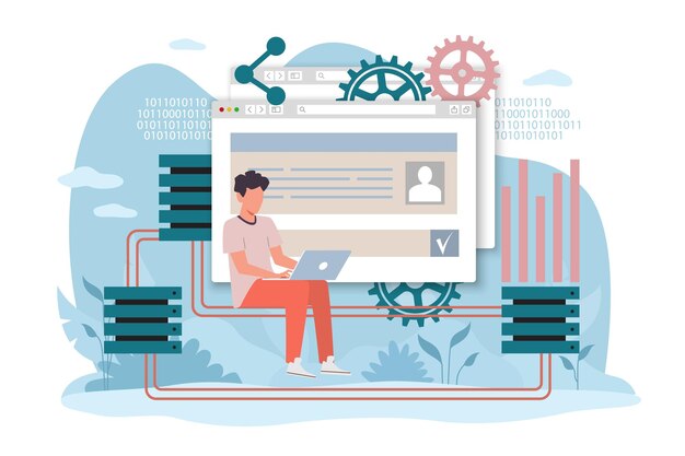 Database hardware hosting sharing disk space for file storage Programmer with laptop backup disk Cloud technology computing infrastructure Vector cartoon flat isolated concept
