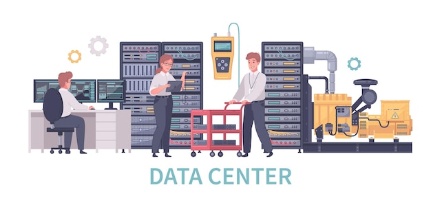 Datacenter cartoon composition with gear icons and characters of working technicians with computer and server racks illustration