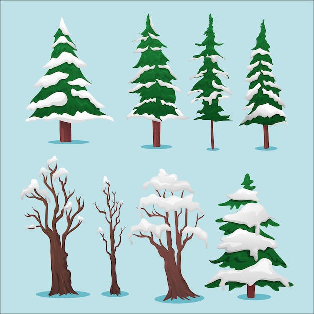 Deciduous and pine tree with snow covered branches winter set on blue background