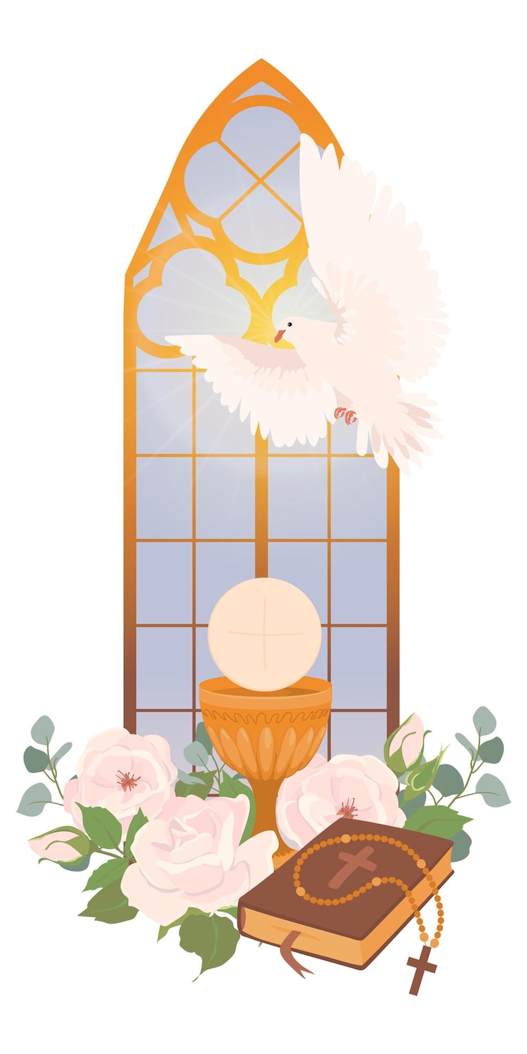 Vektori decorated altar in the church elements for the first communion bread holy cup wine the presence of the holy spirit in the temple in the form of a white radiant dove greeting card design