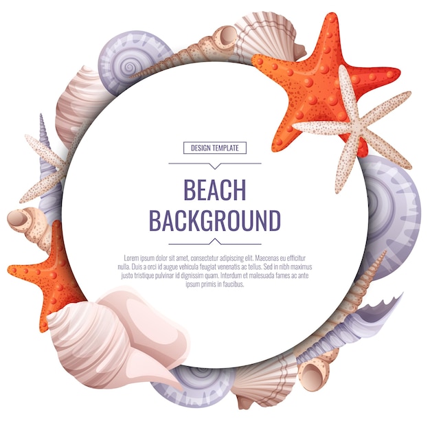 Decorative frame with shells starfish isolated on white Round wreath with underwater animals
