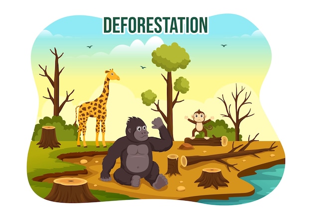 Deforestation Illustration with Tree in the Felled Forest Causing the Extinction of Animals Template