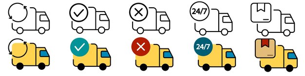 Delivery service icon set in line style Logistic trucking Express delivery trucks