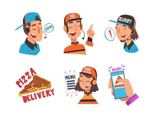Delivery Service of Takeaway Food with Operator Taking Orders and Smartphone App Vector Set