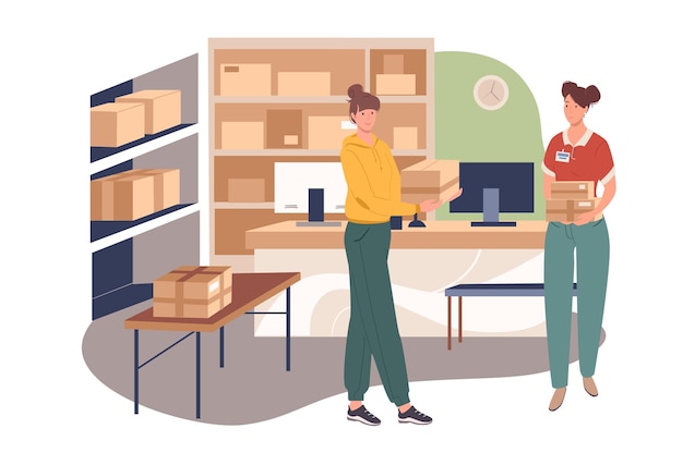 Delivery service web concept. Women work in warehouse. Postal service workers give out parcels, processes orders on computer