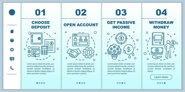 Deposit onboarding mobile web pages vector template. Banking service. Responsive smartphone website interface idea with linear illustrations. Webpage walkthrough step screens. Color concept