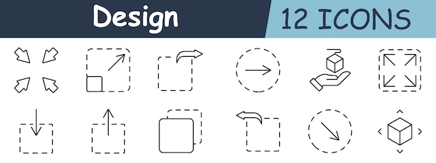 Design-setti-ikoni, nuolet, pisteviivaruutu, nuoliympyrä, kuutiota pitelevä käsi, laajenevat nuolet, koon muuttaminen, pyörittäminen, kuution siirtäminen