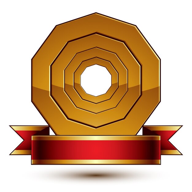 design vector golden ring template with red curvy ribbon, 3d round aristocratic badge isolated on white background. eps8 sophisticated escutcheon.