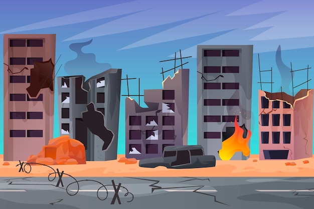 Destroyed city after the war Consequences of the war Destroyed houses Vector illustration in modern style