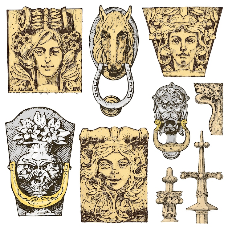 Vektori detail ancient classic building architectural ornamental elements showing tuscan doric ionic and roman column engraved hand drawn in old sketch vintage and antique baroque or gothic style