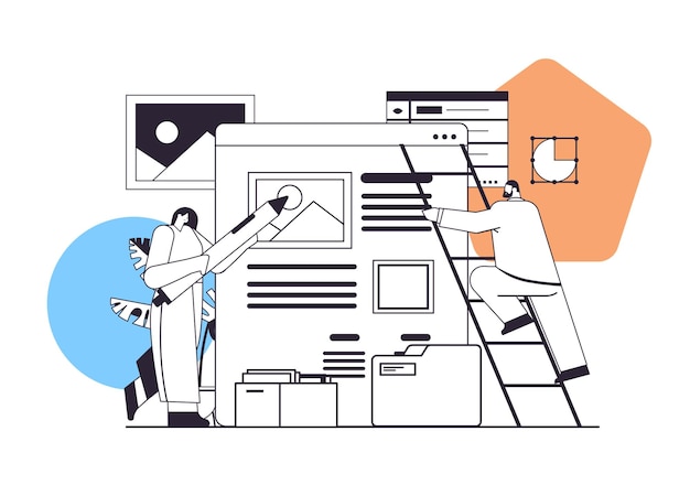 developers couple creating website ui interface web application development program software optimization concept horizontal linear vector illustration