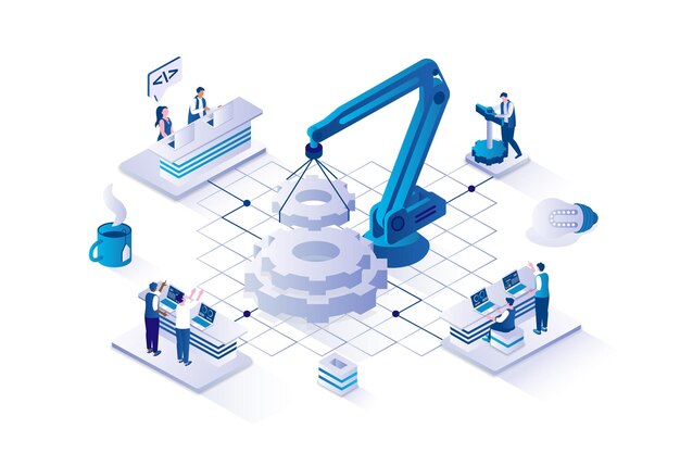 Developers team 3d isometric concept with isometry people design for web People developing programs and applications constructing interfaces and launching software products Vector illustration