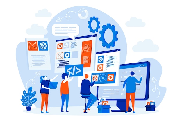 Developers team web design with people characters illustration