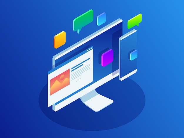 Developing programming and coding technologies concept. Website design. Big data processing, computing isometric vector illustration.