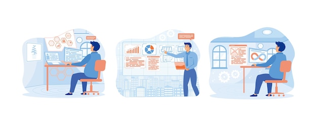 Developing programming and coding technologies Engineer with laptop standing in office holding pen while coding Developer creates software and programming code set flat vector modern illustration