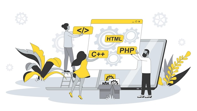 Developing team concept in flat design with people Man and woman write and test code programming on different languages optimize programs Vector illustration with character scene for web banner