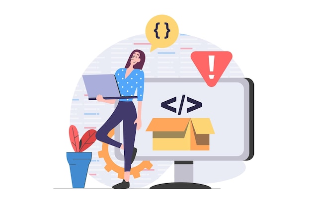 Development and programming concept in modern flat design for web Woman developer creating software product at laptop testing program accessibility and making optimization Vector illustration