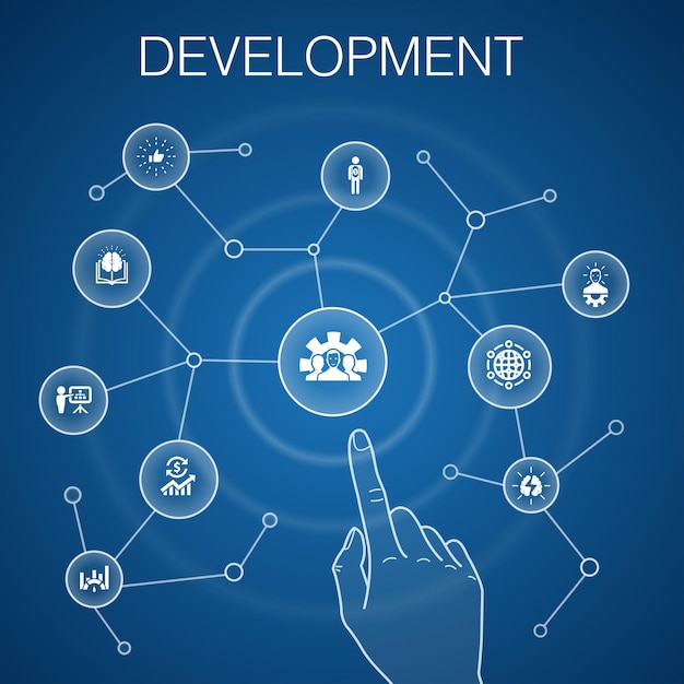 Development concept blue background global solution knowledge investor Brainstorming simple icons