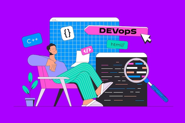 Development concept in modern flat design for web Developer programming software monitoring DevOps engineers project communication Vector illustration for social media banner marketing material
