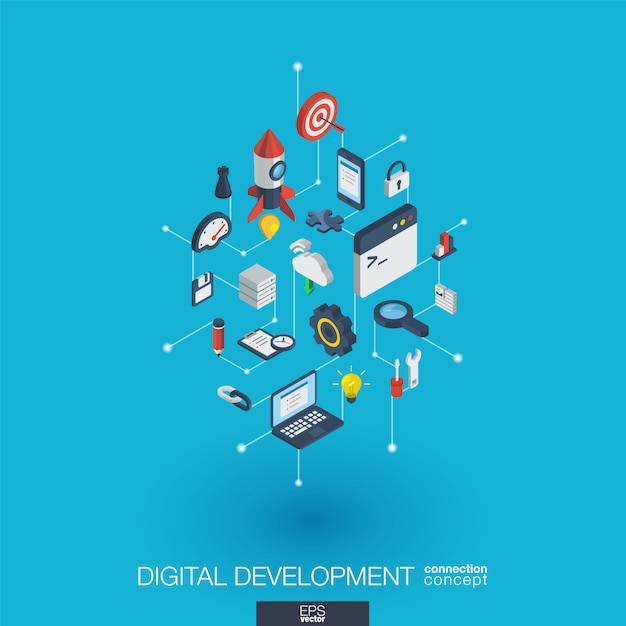 Development integrated  web icons. Digital network isometric interact concept. Connected graphic  dot and line system. Abstract background for programming, coding, app .  Infograph