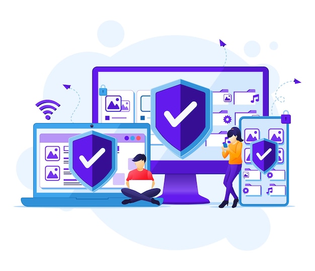 device security concept, people on giant gadget device with shield  illustration