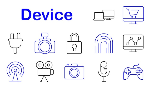 Device set icon Camera plug lock fingerprint monitor analytics broadcasting video microphone security game ecommerce interface digital technology communication