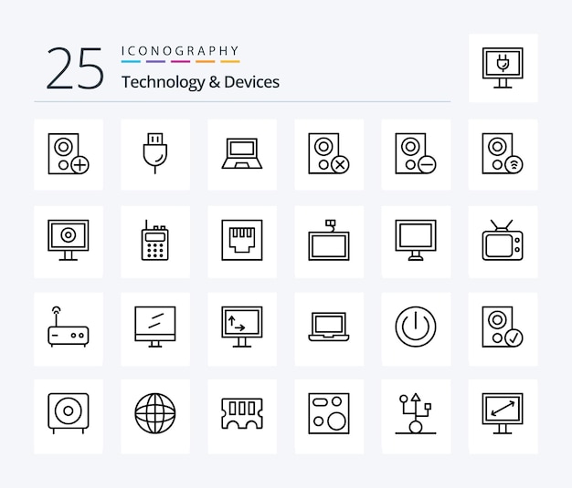 Devices 25 Line icon pack including gadget computers products laptop gadget