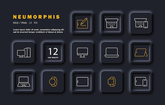 Devices set icon Laptop phone tablet stylus computer dispaly desktop personal PC smart bracelet stand watch tracker electronic book Technology concept Neomorphism Vector line icon