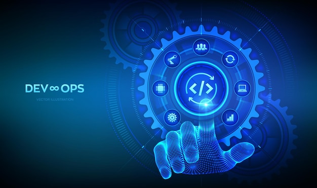 Devops Agile development and optimisation concept Software engineering Software development practices methodology Hand touching digital interface with connected gears cogs and icons Vector
