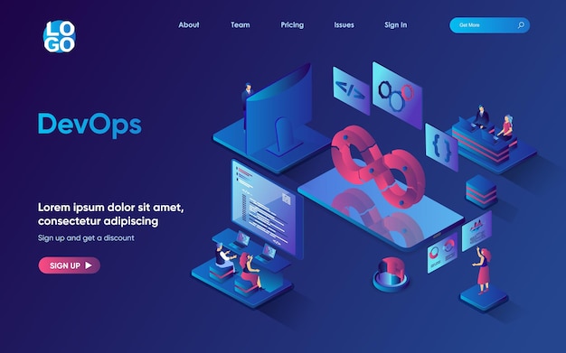 DevOps concept 3d isometric web landing page People working in team programmers interact