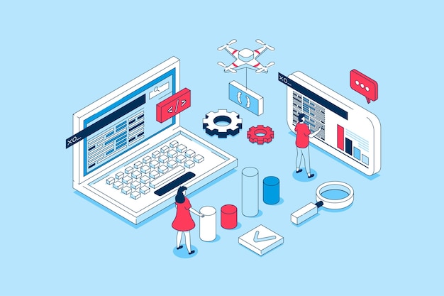 DevOps concept in 3d isometric design People working with computers communication and collaboration agile processes on programming products Vector illustration with isometry scene for web graphic