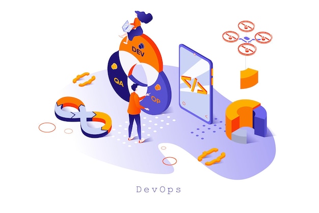 DevOps-konsepti 3D-isometrisessä suunnittelussa. Ohjelmointi- ja kehitystoiminnot yhdessä.
