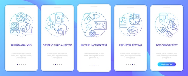 Diagnostic services blue gradient onboarding mobile app screen Walkthrough 5 steps graphic instructions pages with linear concepts UI UX GUI template Myriad ProBold Regular fonts used