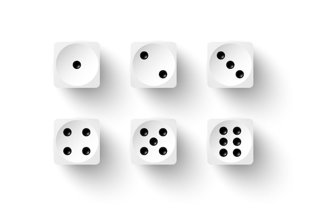 Dice game with white cubes with black dots 3d realistic gambling objects to play in casino dice from one to six dots and rounded edges design isolated on white background