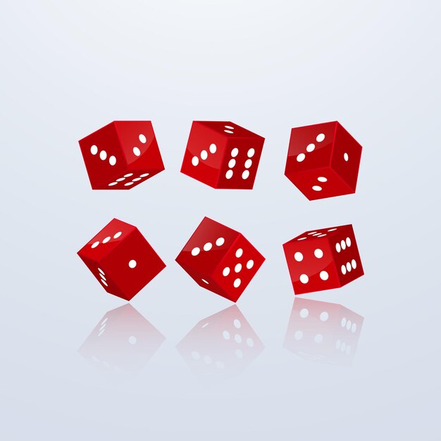 Dice of red color in different perspective on a light background.