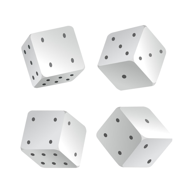 Dice - realistic white cubes with random numbers of black dots or pips and rounded edges. Vector game cubes isolated. Isolated 3d objects for hobbies.