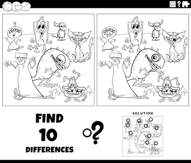 differences activity with cartoon monsters coloring page
