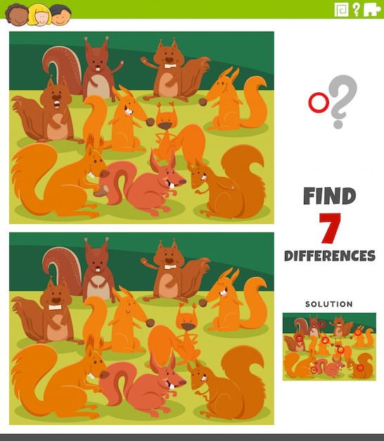 differences educational game with cartoon squirrels