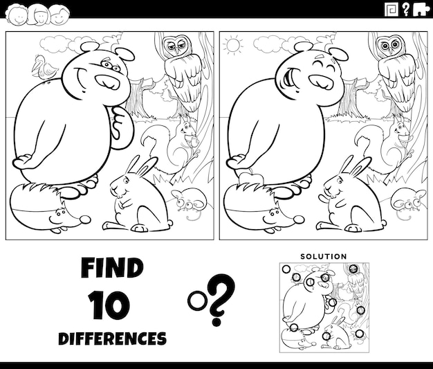 differences game with cartoon animals coloring page